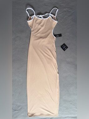 Lulu's Tan and Cream Ribbed Midi Dress Tie Back with White Trim Size S NWT